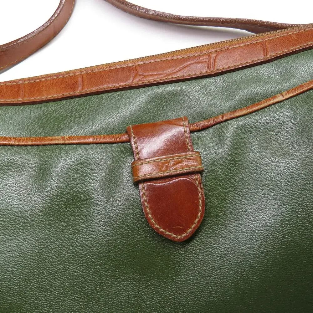 1980s Vintage Olive Green Genuine Leather Satchel Crossbody Bag Retro